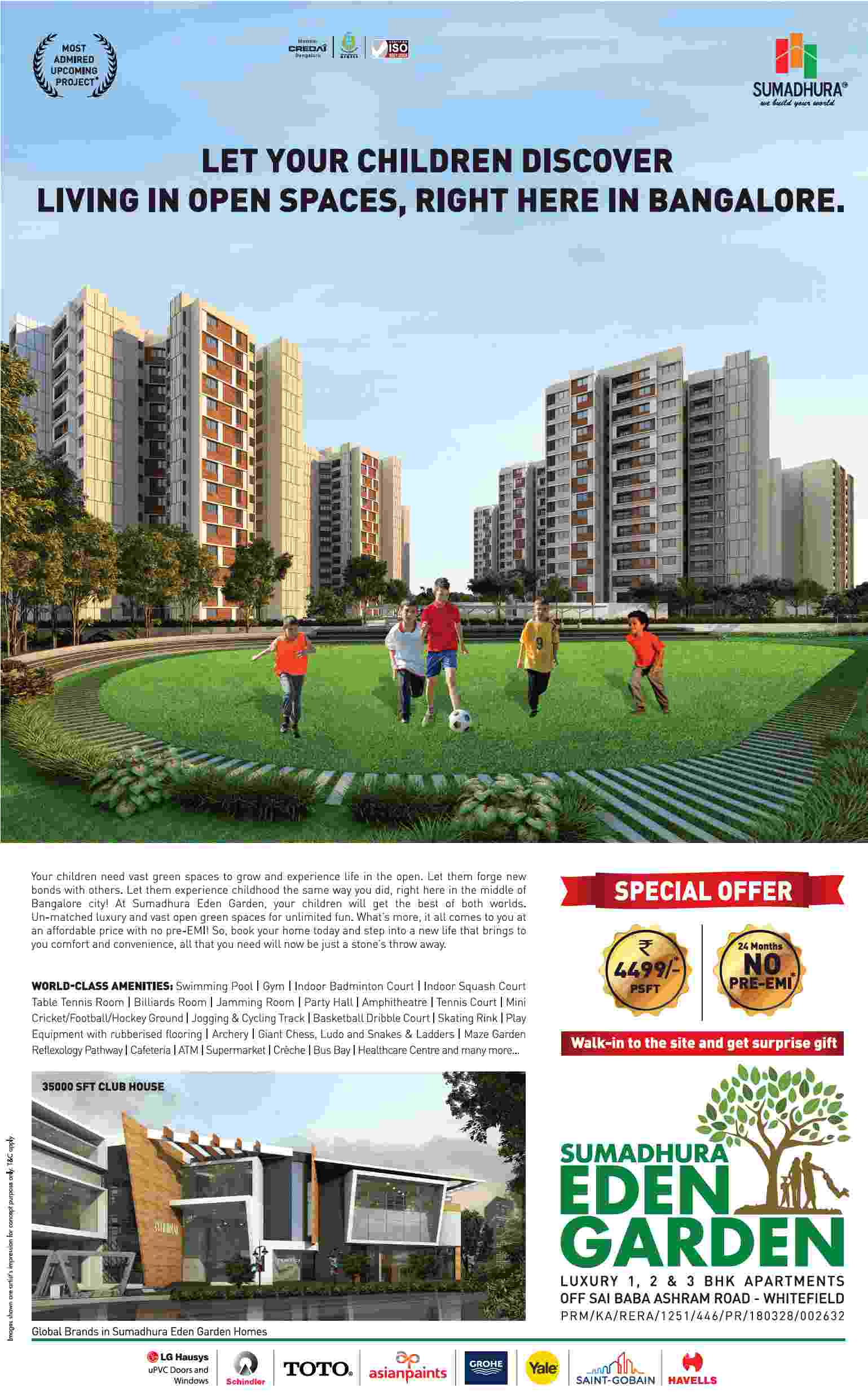 Book home at Rs. 4499 per sq.ft. with no pre-EMI for 24 months at Sumadhura Eden Garden in Bangalore